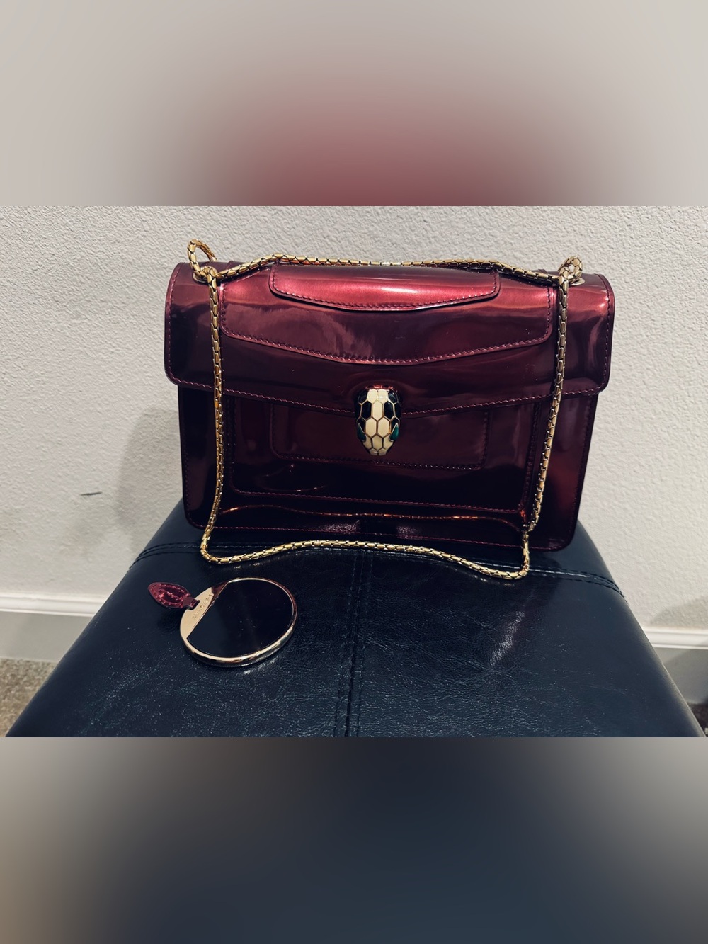 Bulgari Metallic Burgundy Serpent-Head Crossbody with Gold Chain